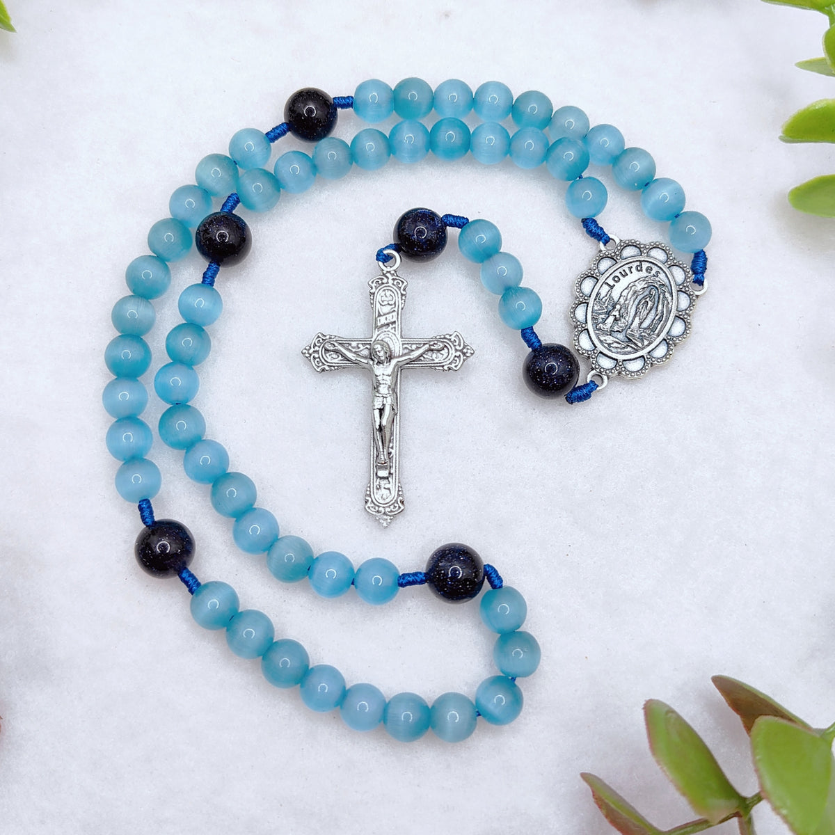 Our Lady of Lourdes Blue Cat Eye Rosary