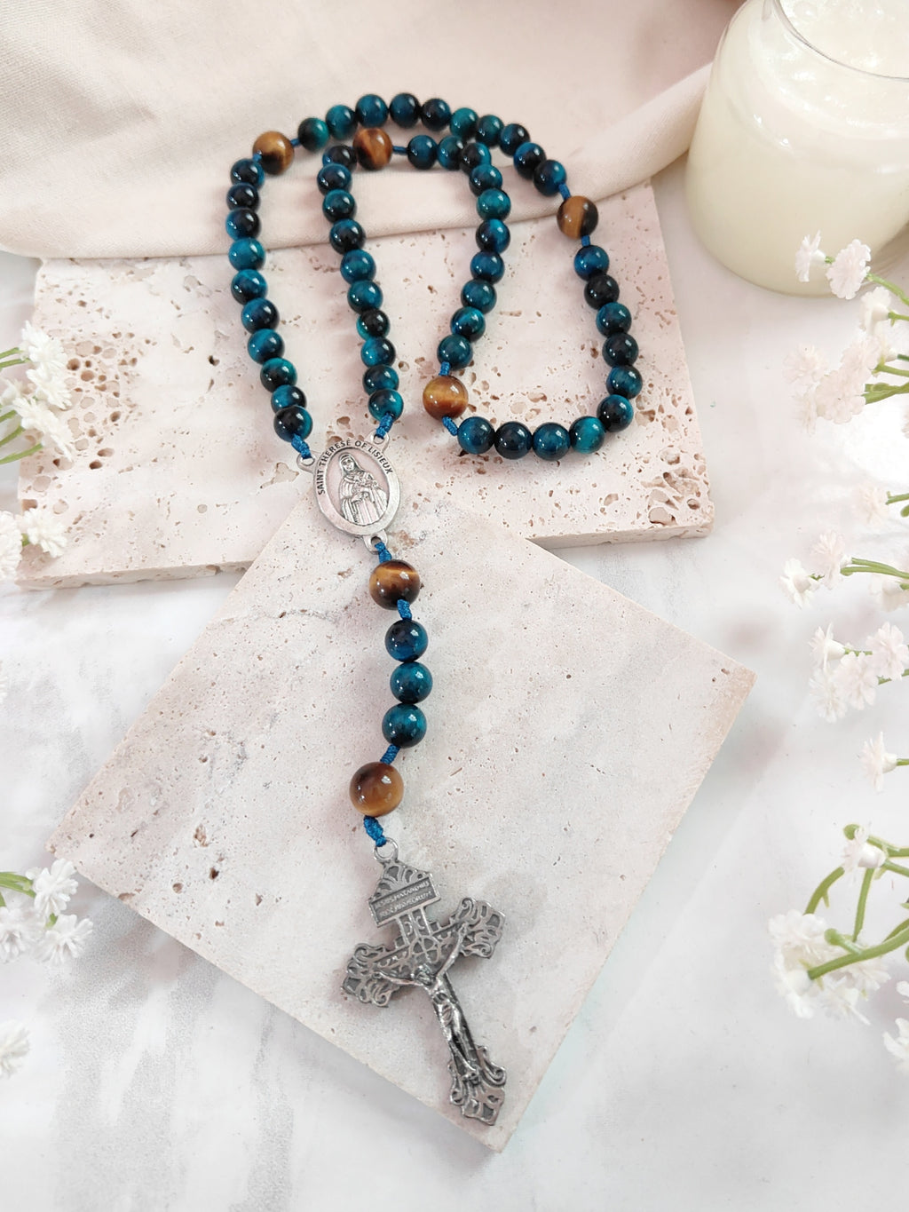 St Therese of Lisieux Little Flower Tiger Eye Devotion Rosary