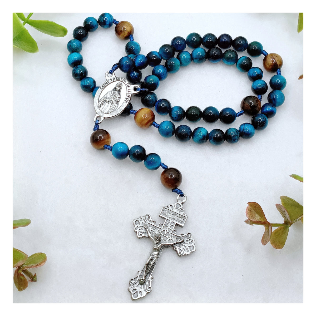 St Therese of Lisieux Little Flower Tiger Eye Devotion Rosary