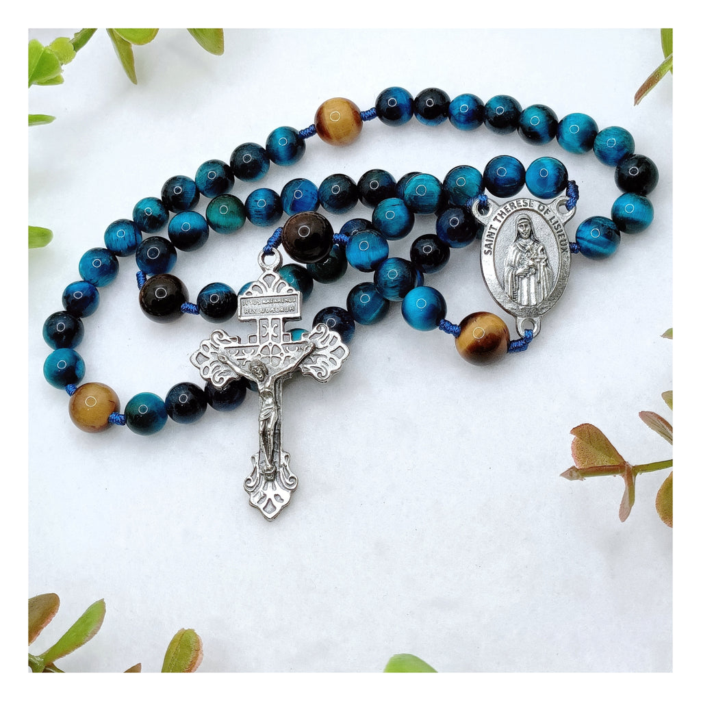 St Therese of Lisieux Little Flower Tiger Eye Devotion Rosary