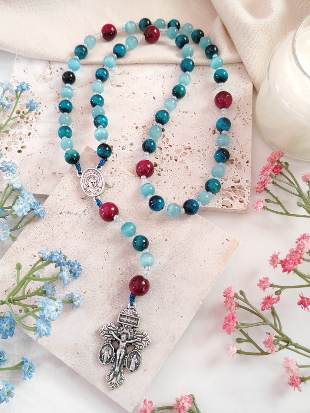 St Carlo Acutis Blue Cat Eye Tiger Eye Rosary