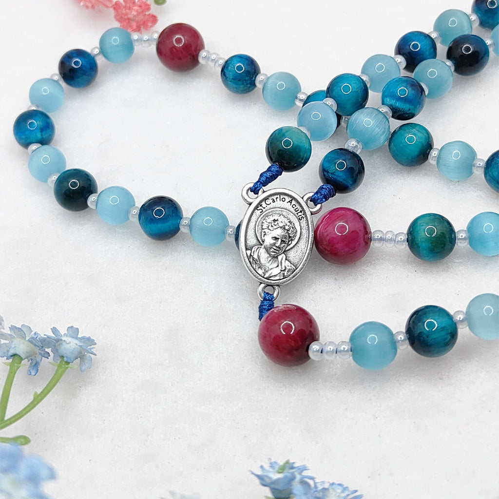 St Carlo Acutis Blue Cat Eye Tiger Eye Rosary