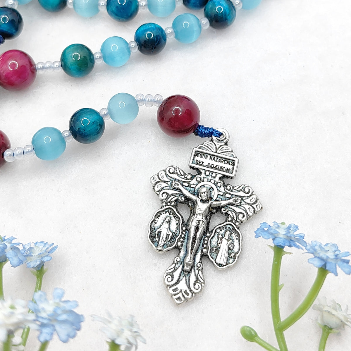 St Carlo Acutis Blue Cat Eye Tiger Eye Rosary