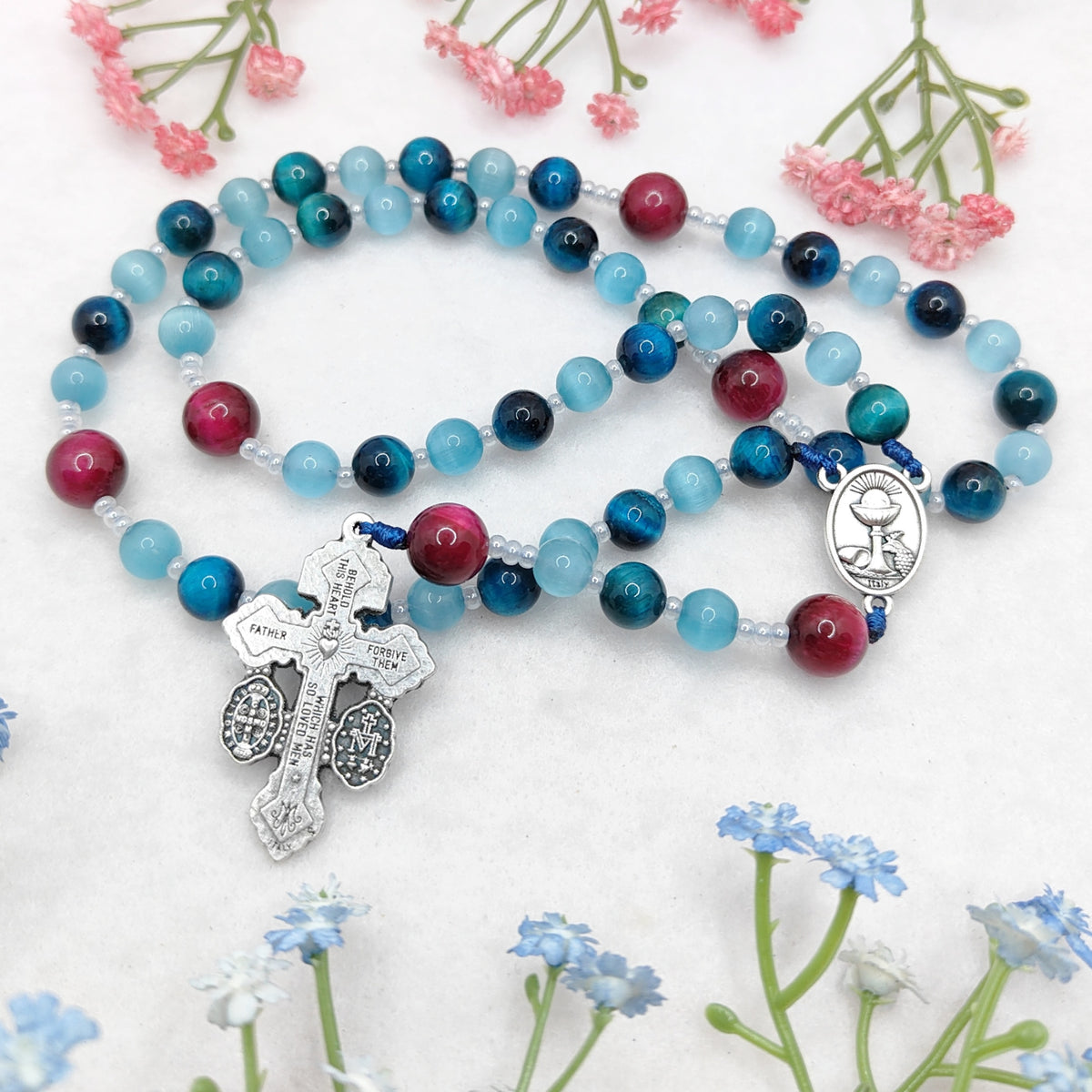 St Carlo Acutis Blue Cat Eye Tiger Eye Rosary