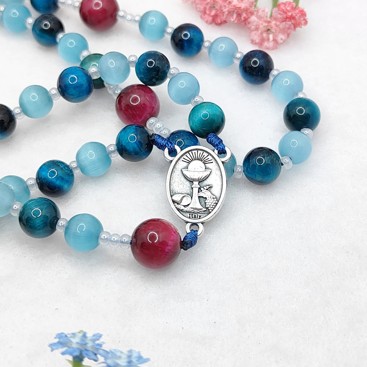 St Carlo Acutis Blue Cat Eye Tiger Eye Rosary