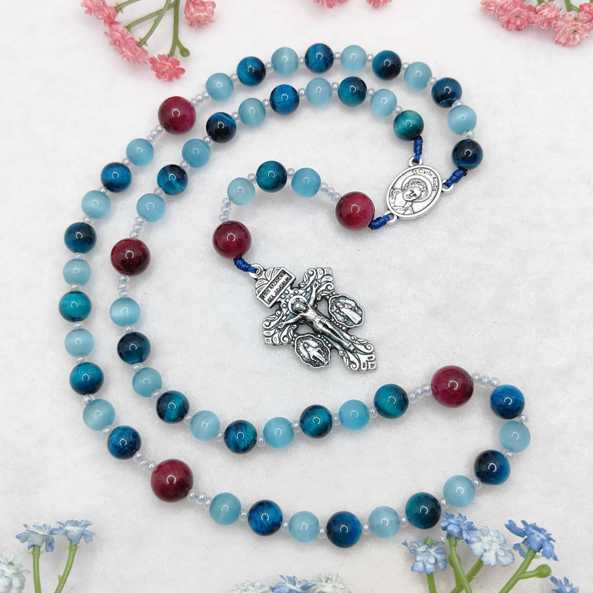 St Carlo Acutis Blue Cat Eye Tiger Eye Rosary