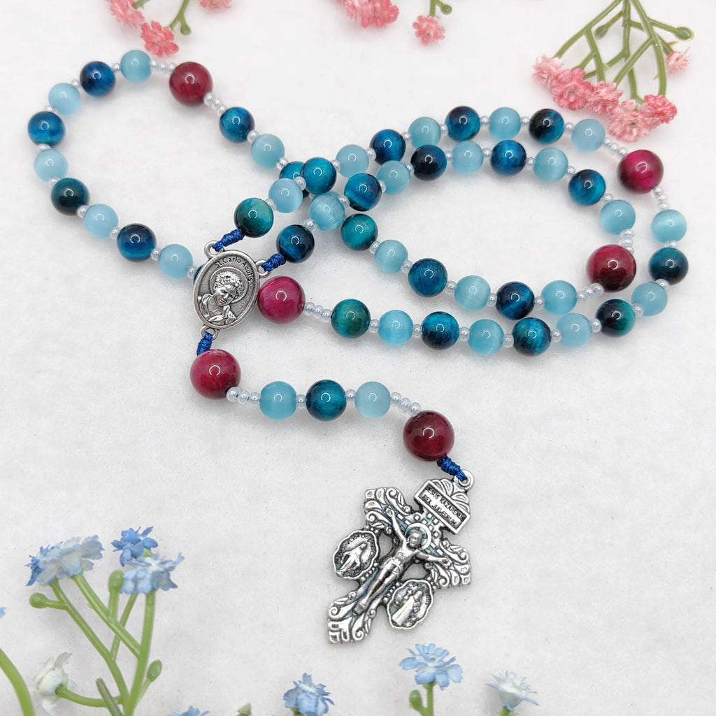 St Carlo Acutis Blue Cat Eye Tiger Eye Rosary