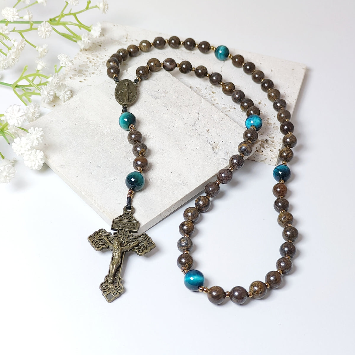Miraculous Medal Bronzite with Tiger Eye