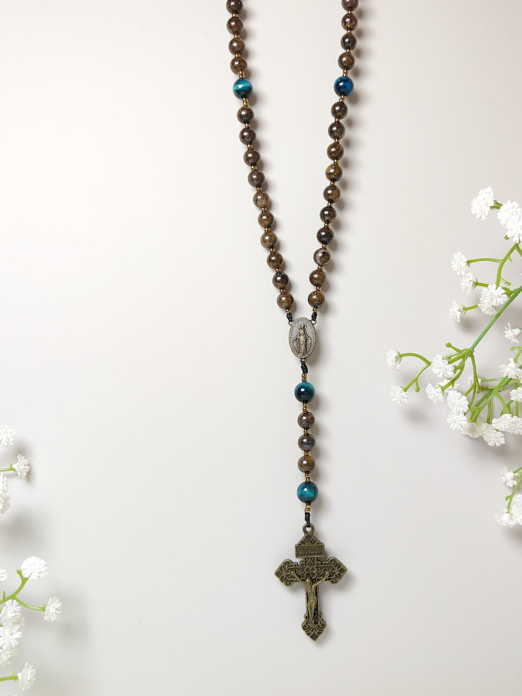 Miraculous Medal Bronzite with Tiger Eye
