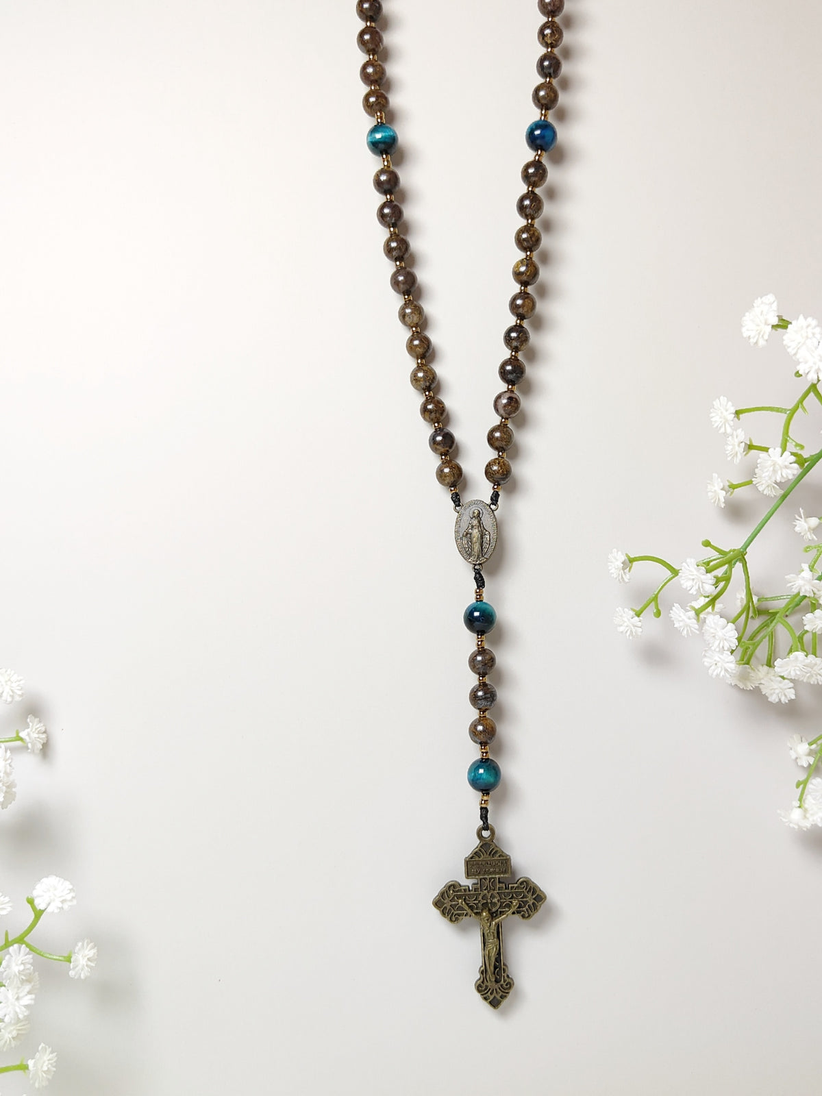 Miraculous Medal Bronzite with Tiger Eye