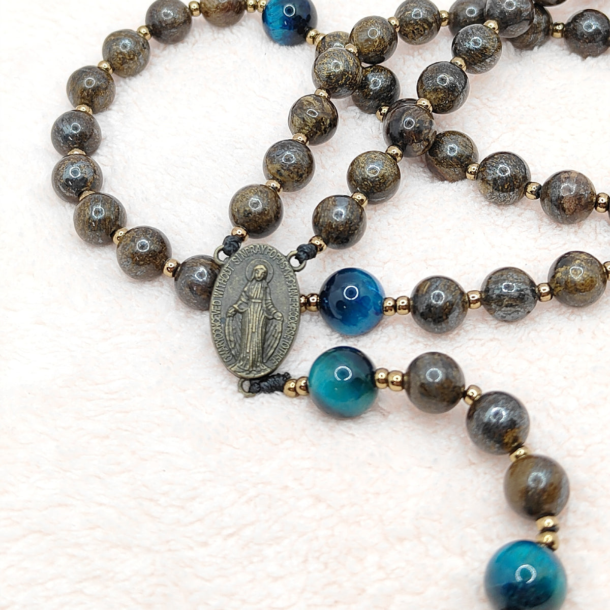 Miraculous Medal Bronzite with Tiger Eye