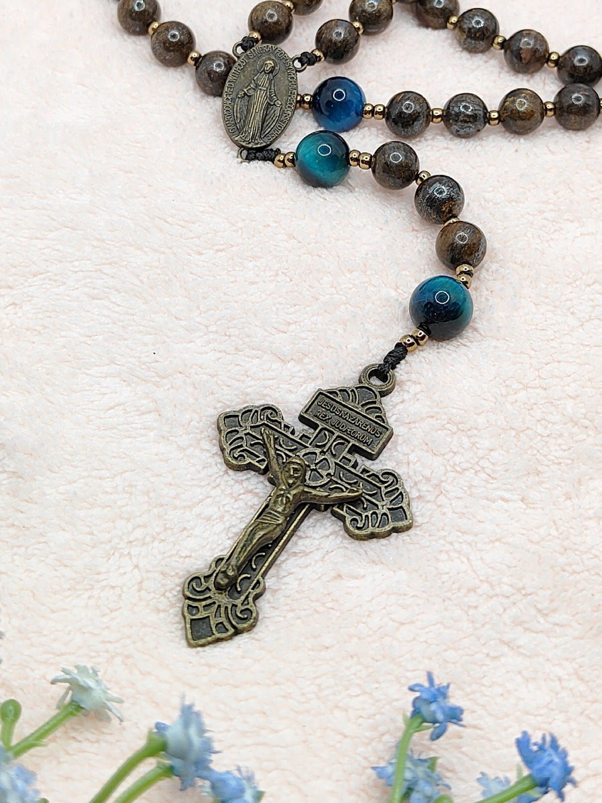 Miraculous Medal Bronzite with Tiger Eye