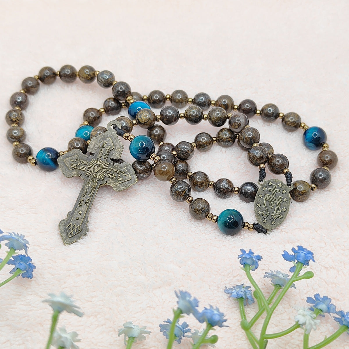 Miraculous Medal Bronzite with Tiger Eye