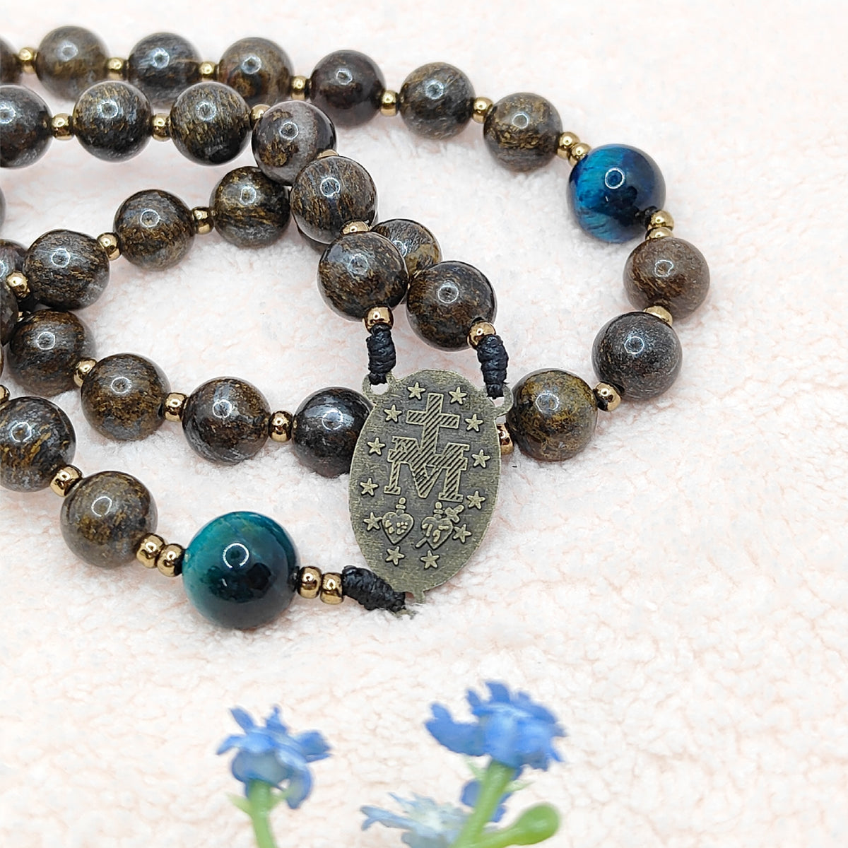 Miraculous Medal Bronzite with Tiger Eye