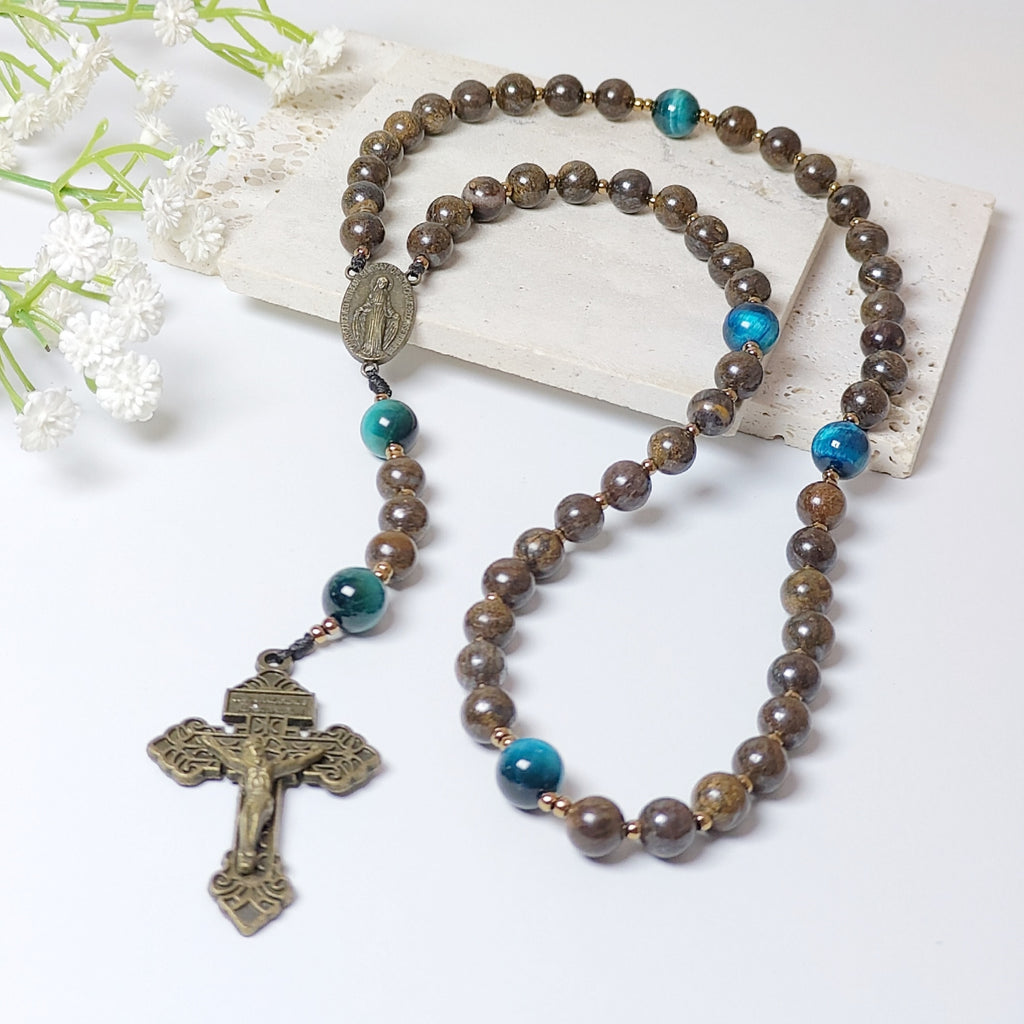 Miraculous Medal Bronzite with Tiger Eye