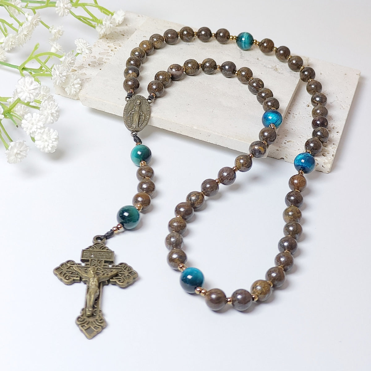 Miraculous Medal Bronzite with Tiger Eye