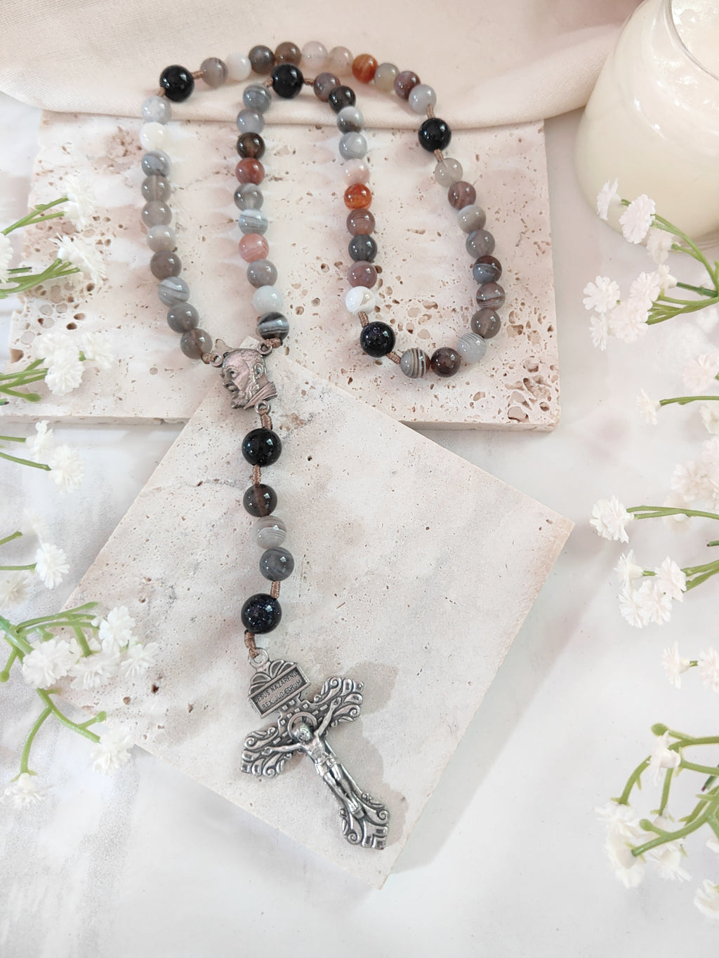St Padre Pio Peace & Healing Botswana Agate Rosary