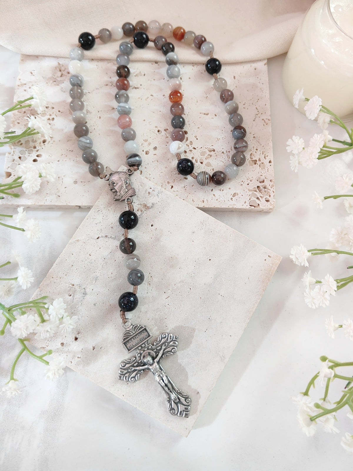 St Padre Pio Peace & Healing Botswana Agate Rosary