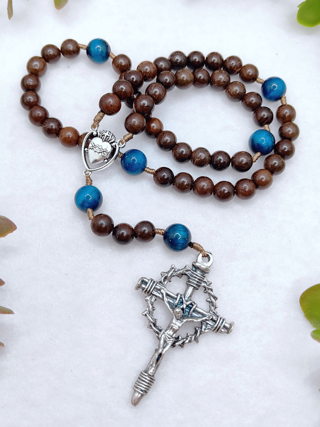 Sacred Heart Of Jesus Brown Ebony Wood & Tiger Eye Rosary