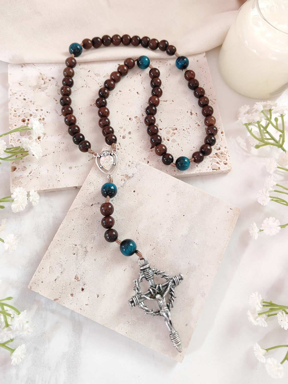 Sacred Heart Of Jesus Brown Ebony Wood & Tiger Eye Rosary