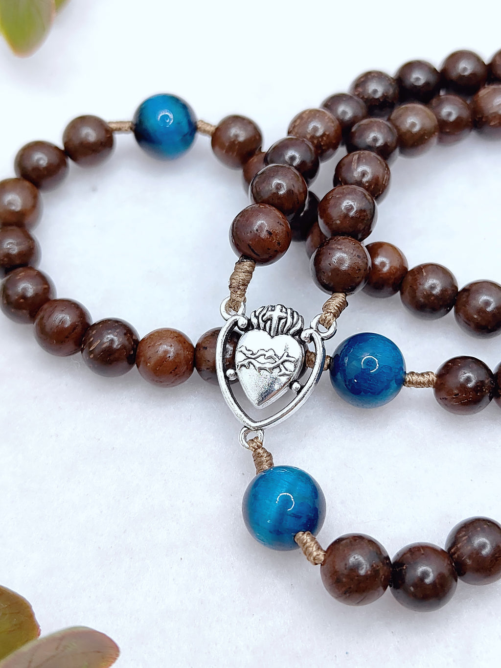 Sacred Heart Of Jesus Brown Ebony Wood & Tiger Eye Rosary