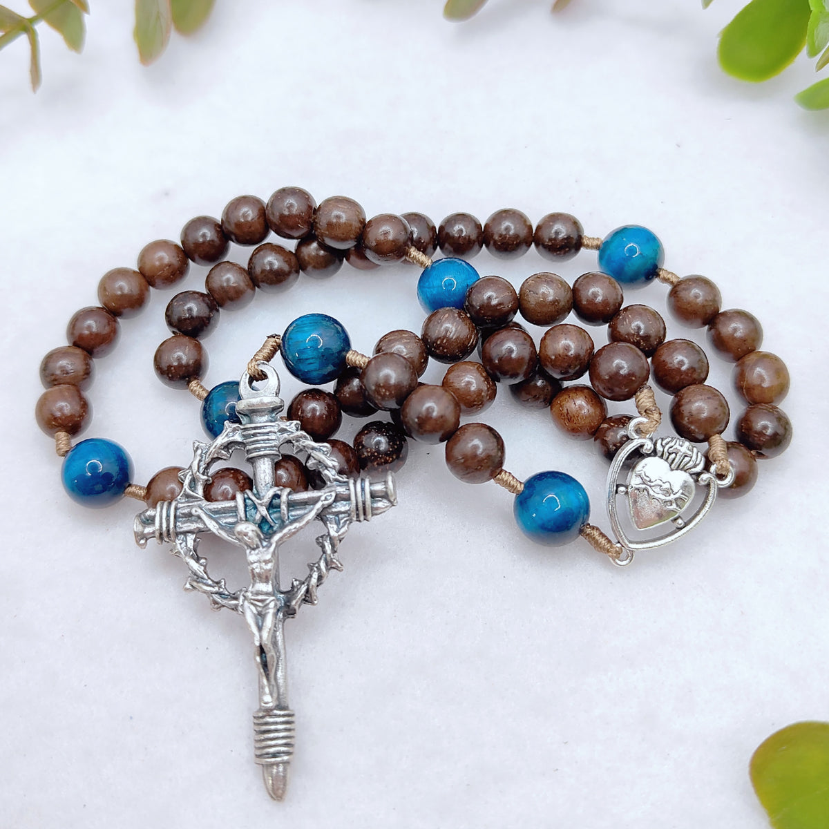 Sacred Heart Of Jesus Brown Ebony Wood & Tiger Eye Rosary