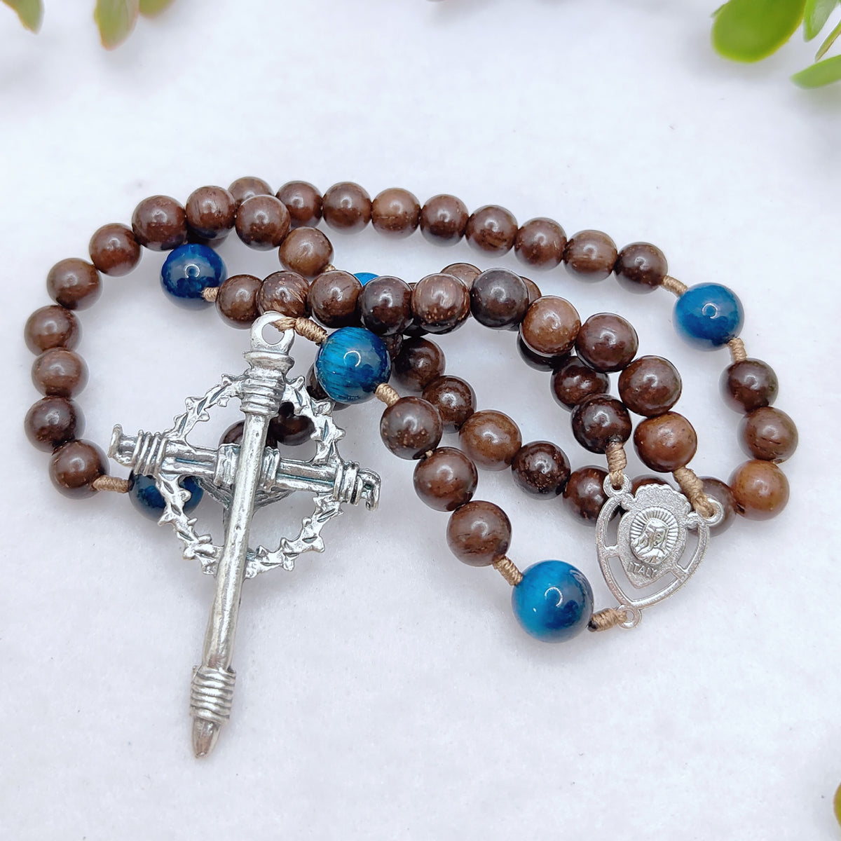 Sacred Heart Of Jesus Brown Ebony Wood & Tiger Eye Rosary