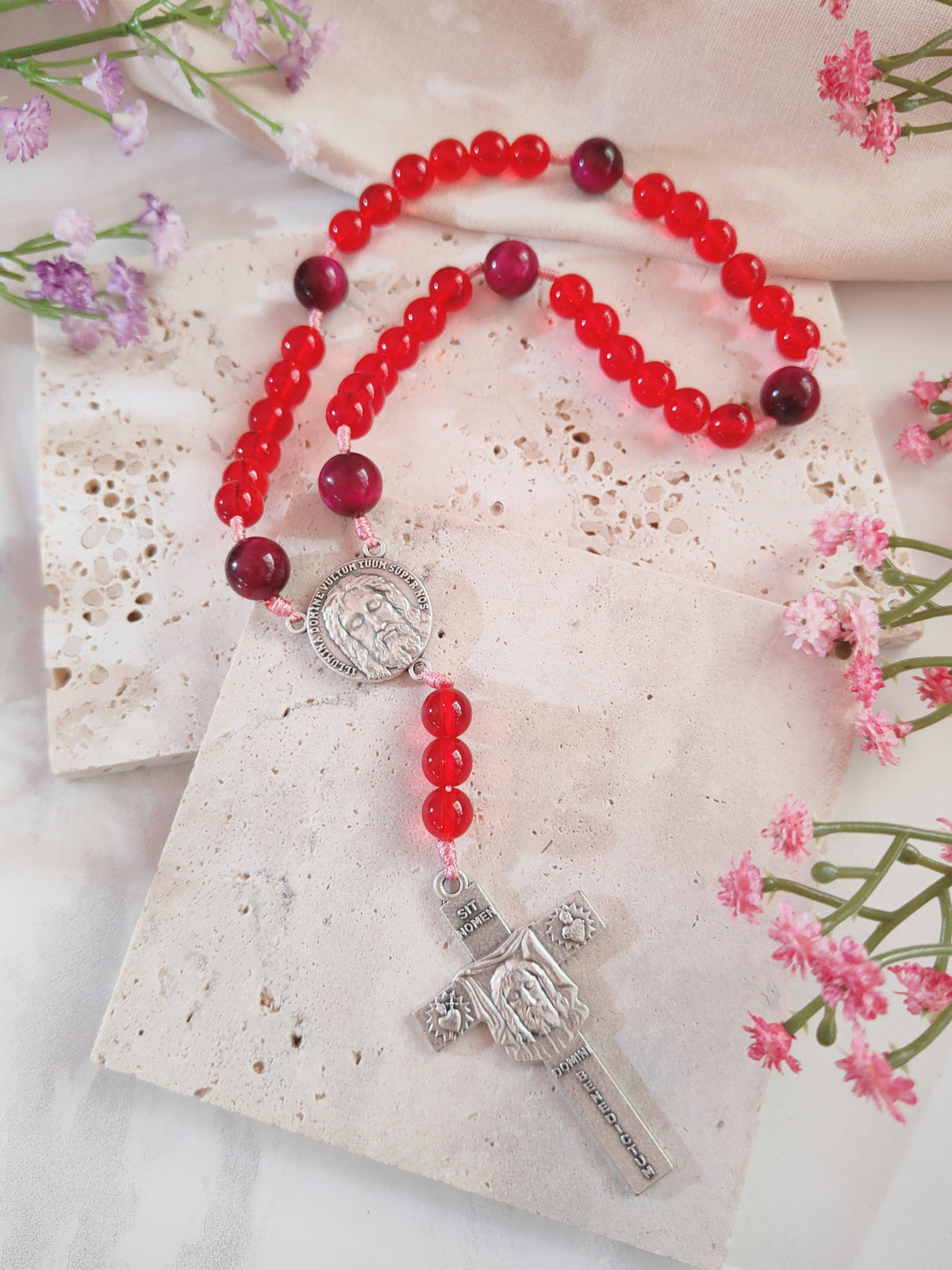 Holy Face of Jesus Chaplet Red Glass & Tiger Eye Rosary