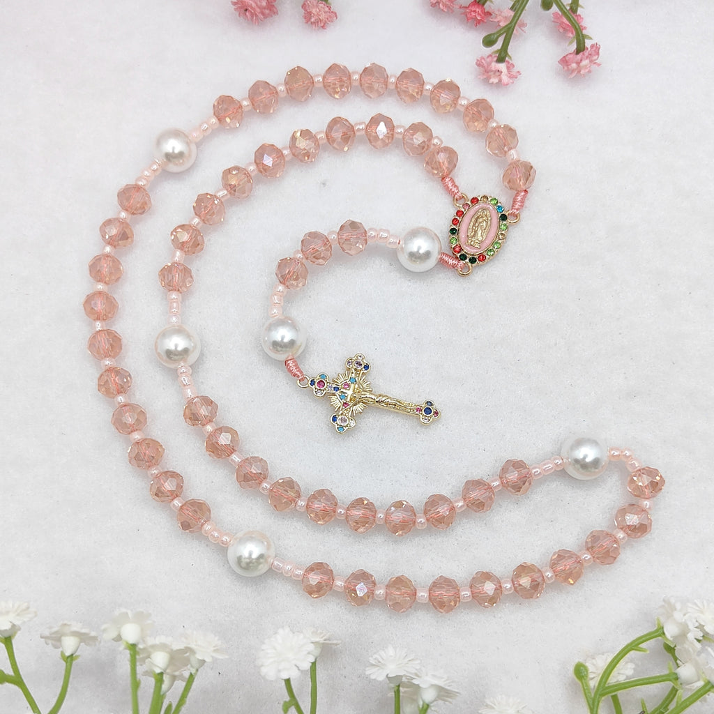Our Lady of Guadalupe Pink Crystal with White Pearl Rosary