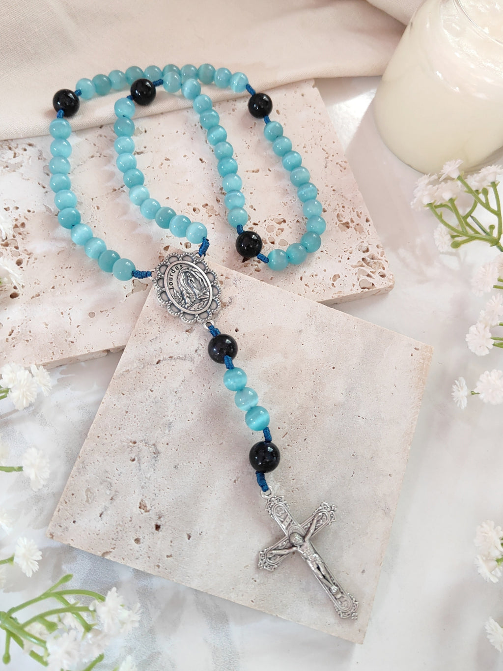 Our Lady of Lourdes Blue Cat Eye Rosary