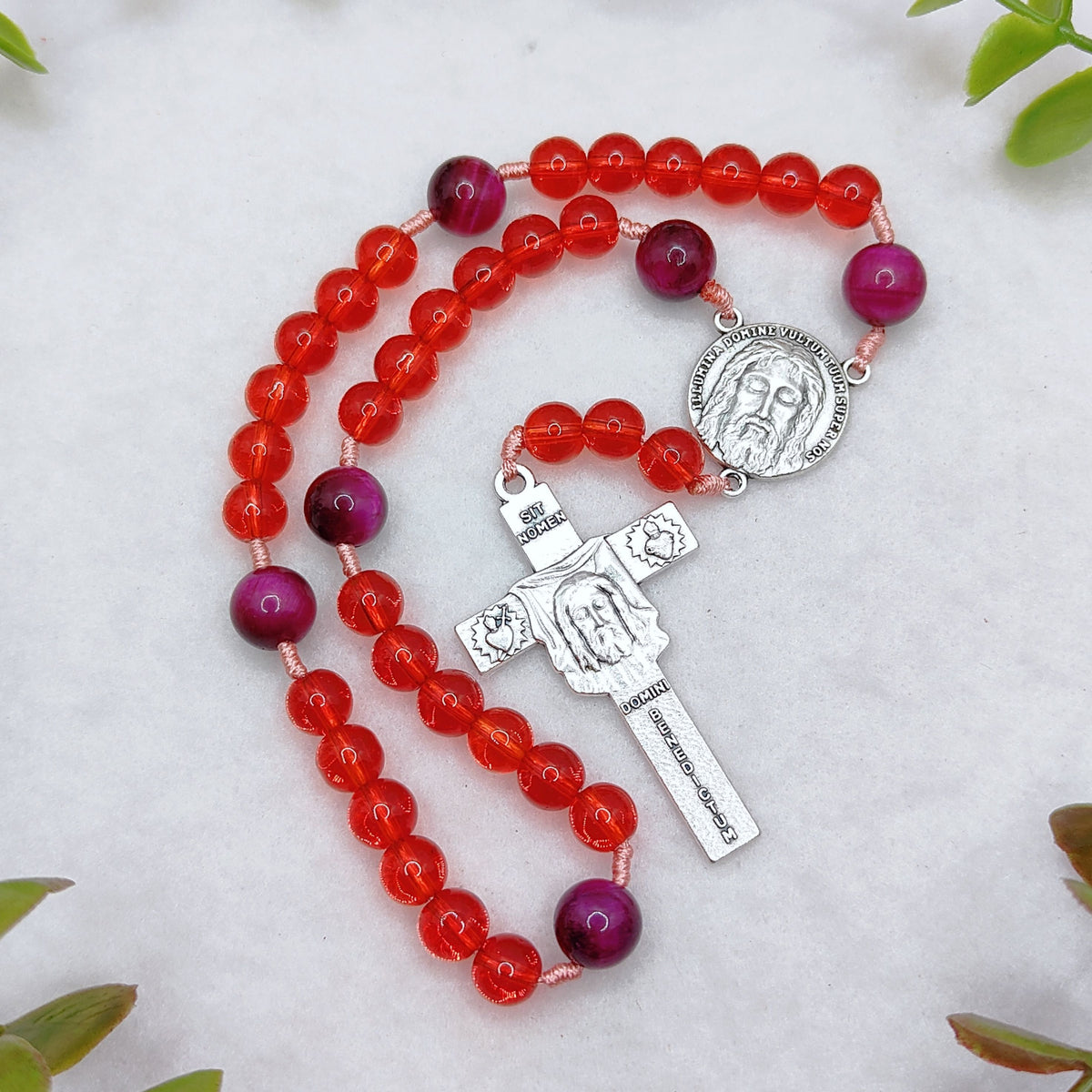 Holy Face of Jesus Chaplet Red Glass & Tiger Eye Rosary