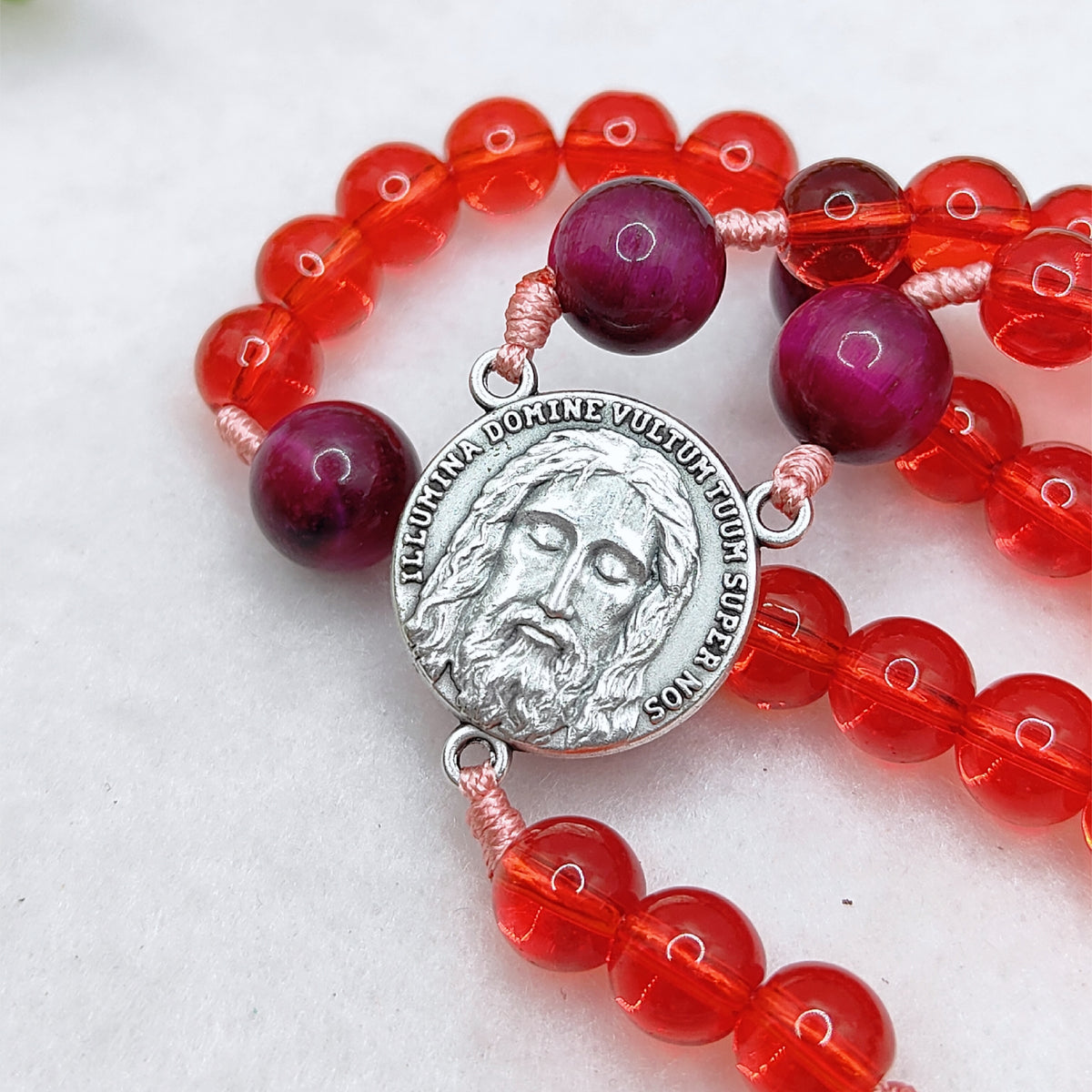 Holy Face of Jesus Chaplet Red Glass & Tiger Eye Rosary