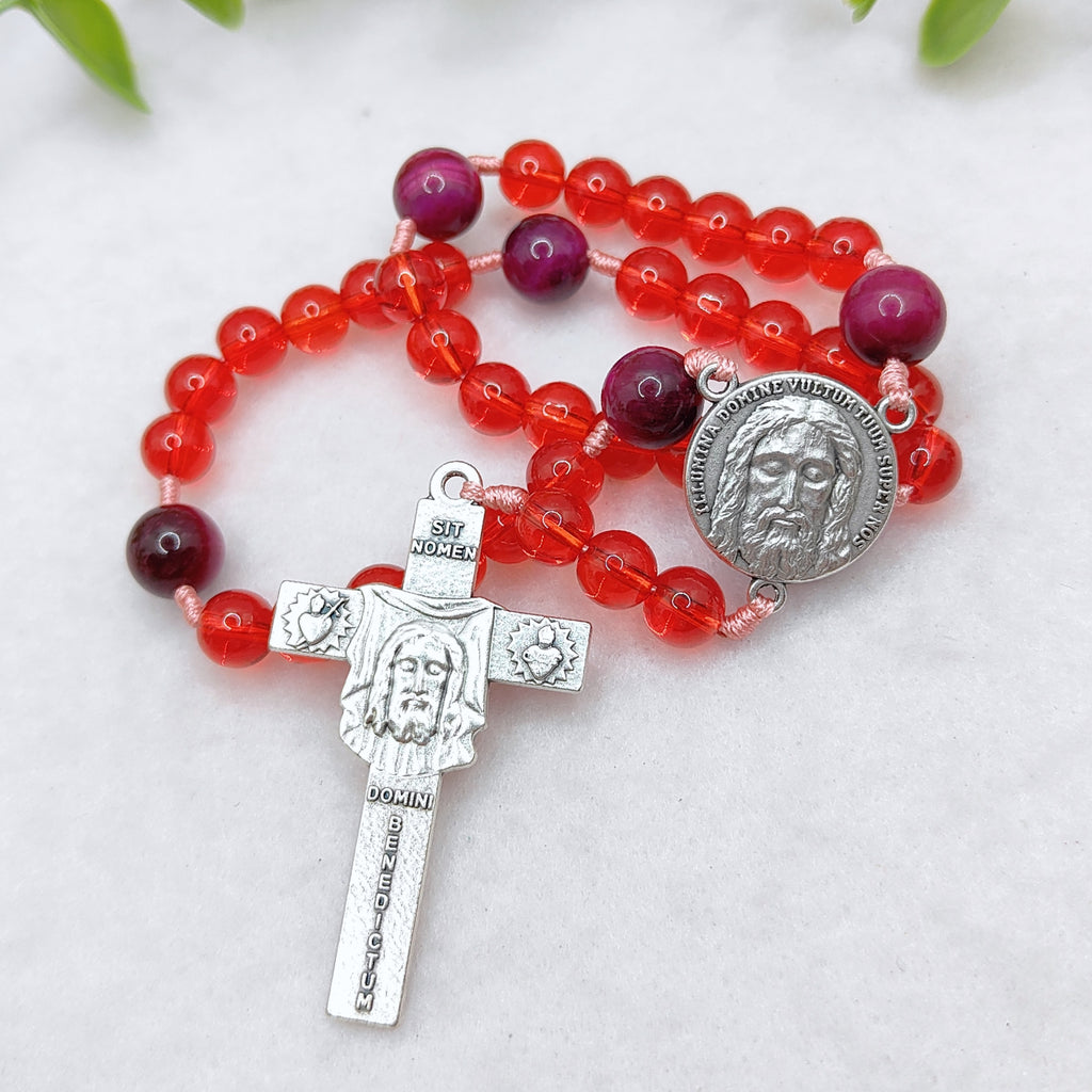 Holy Face of Jesus Chaplet Red Glass & Tiger Eye Rosary