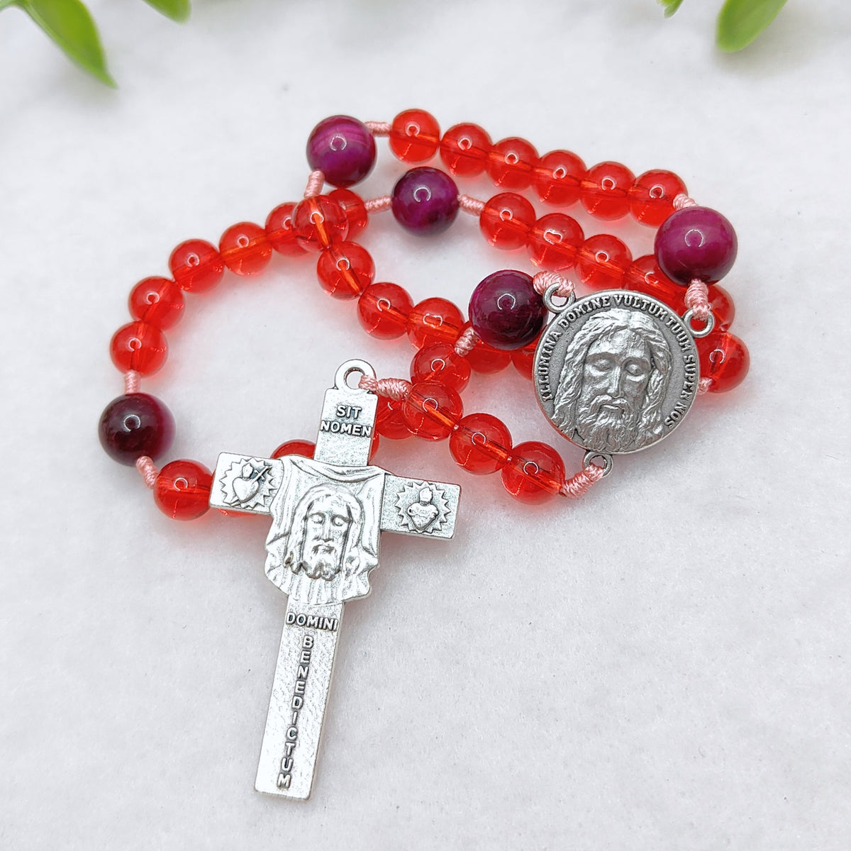 Holy Face of Jesus Chaplet Red Glass & Tiger Eye Rosary