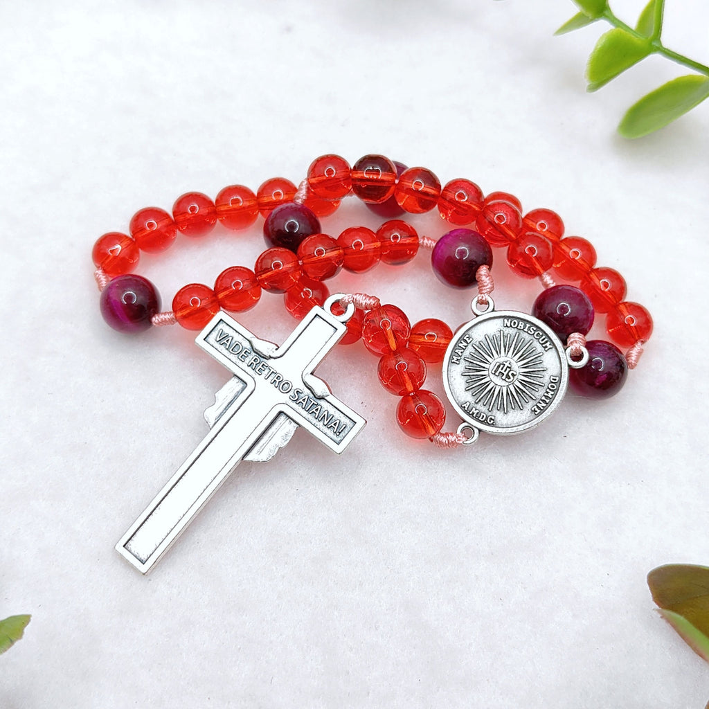Holy Face of Jesus Chaplet Red Glass & Tiger Eye Rosary