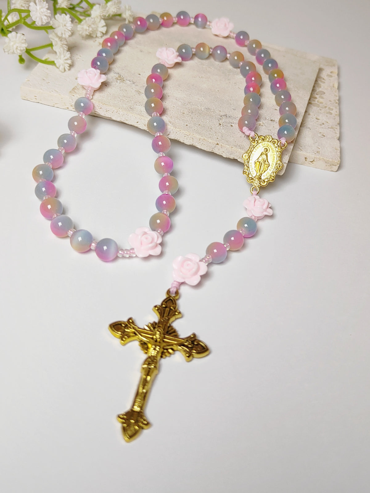 Miraculous Medal Cat Eye Glass Rosary with Roses
