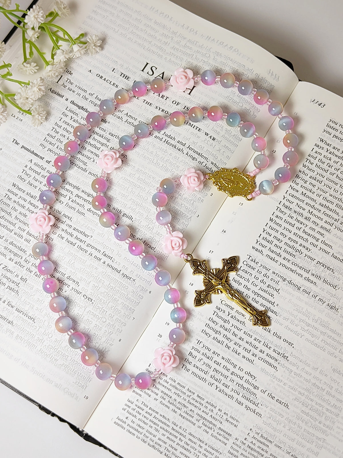 Miraculous Medal Cat Eye Glass Rosary with Roses