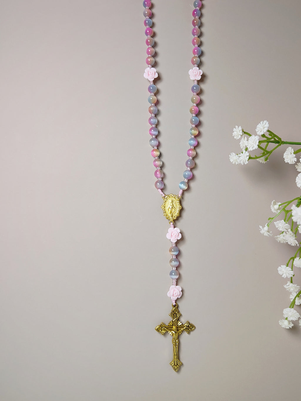 Miraculous Medal Cat Eye Glass Rosary with Roses