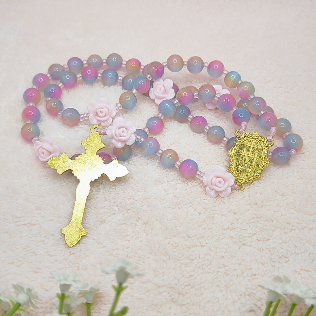 Miraculous Medal Cat Eye Glass Rosary with Roses