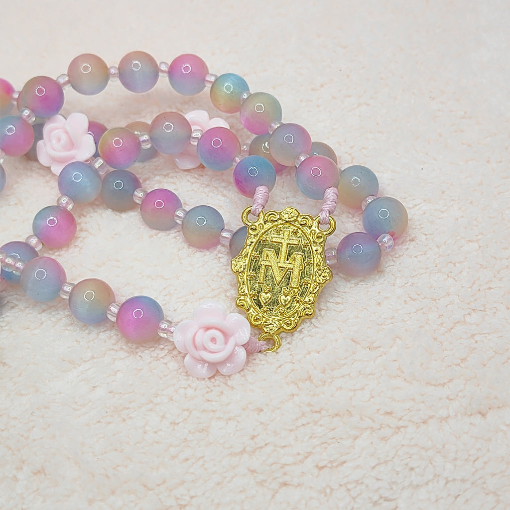 Miraculous Medal Cat Eye Glass Rosary with Roses