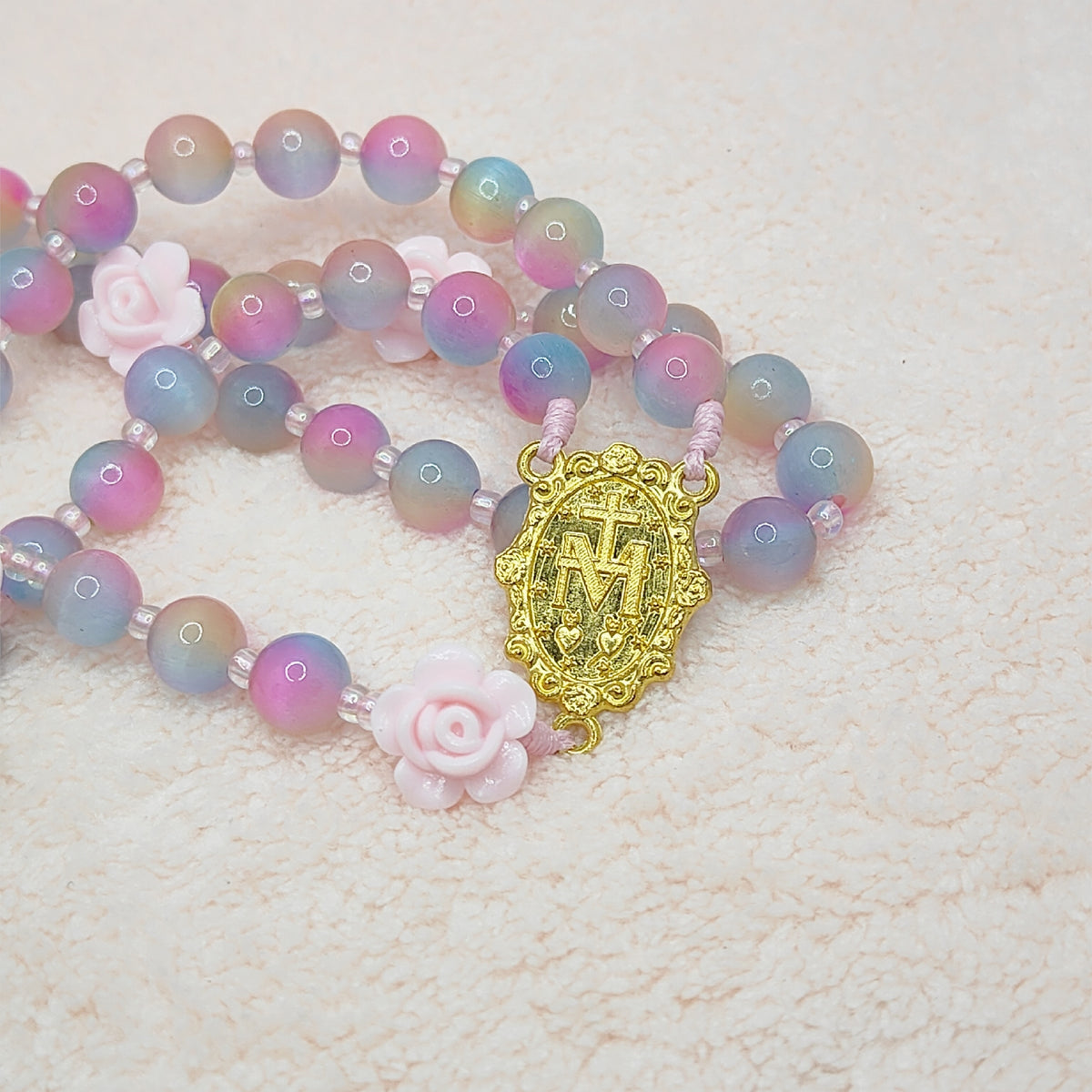Miraculous Medal Cat Eye Glass Rosary with Roses