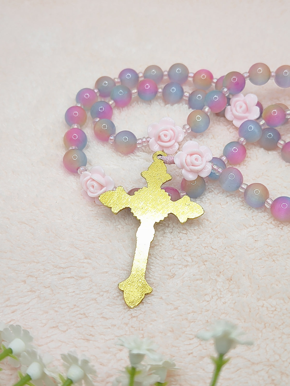 Miraculous Medal Cat Eye Glass Rosary with Roses