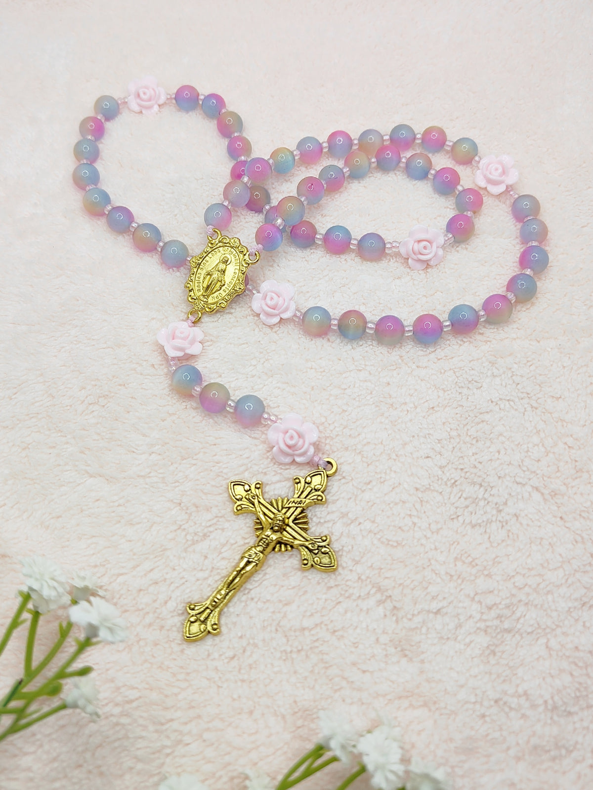 Miraculous Medal Cat Eye Glass Rosary with Roses