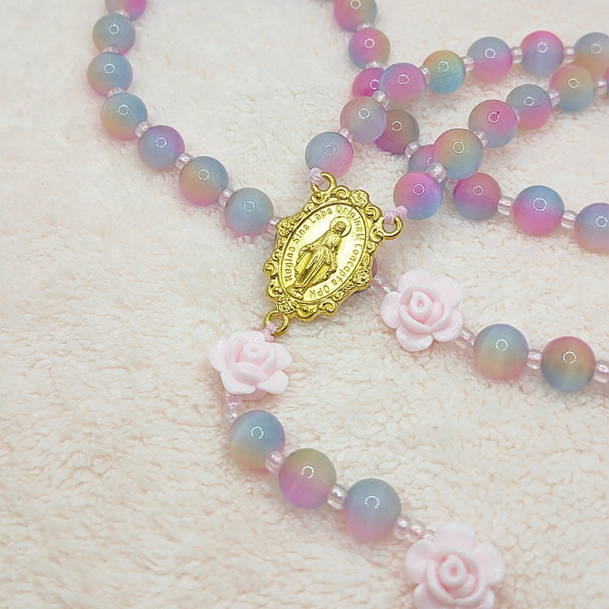 Miraculous Medal Cat Eye Glass Rosary with Roses