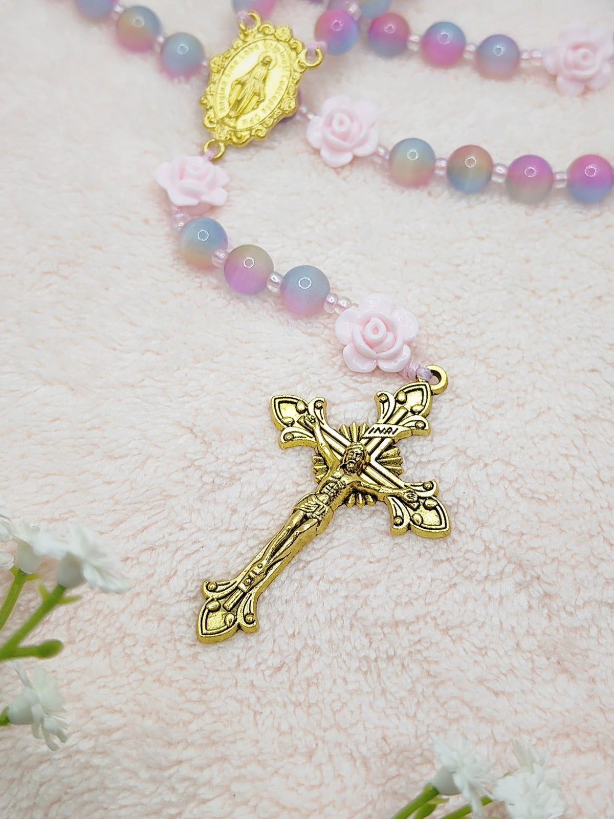 Miraculous Medal Cat Eye Glass Rosary with Roses