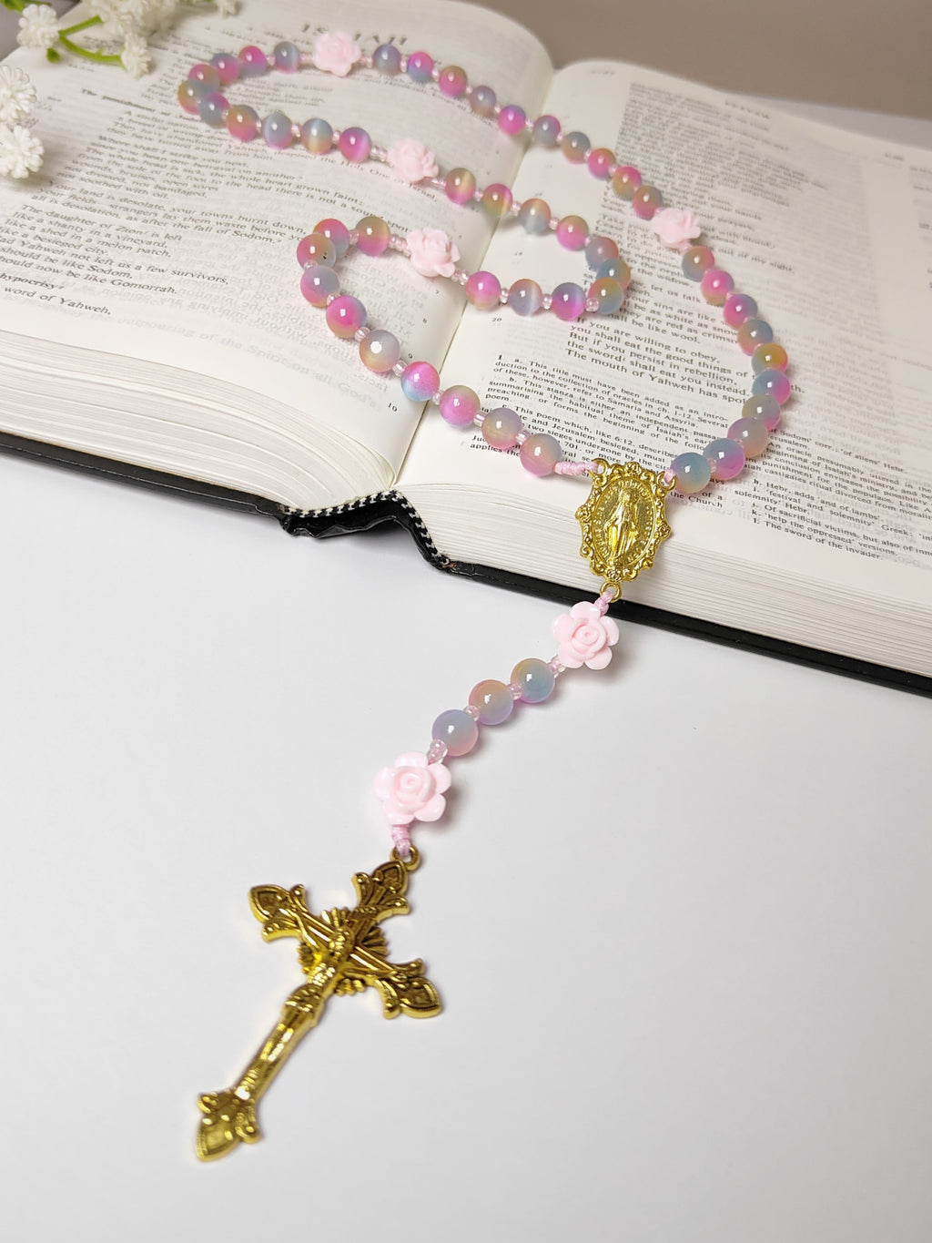 Miraculous Medal Cat Eye Glass Rosary with Roses