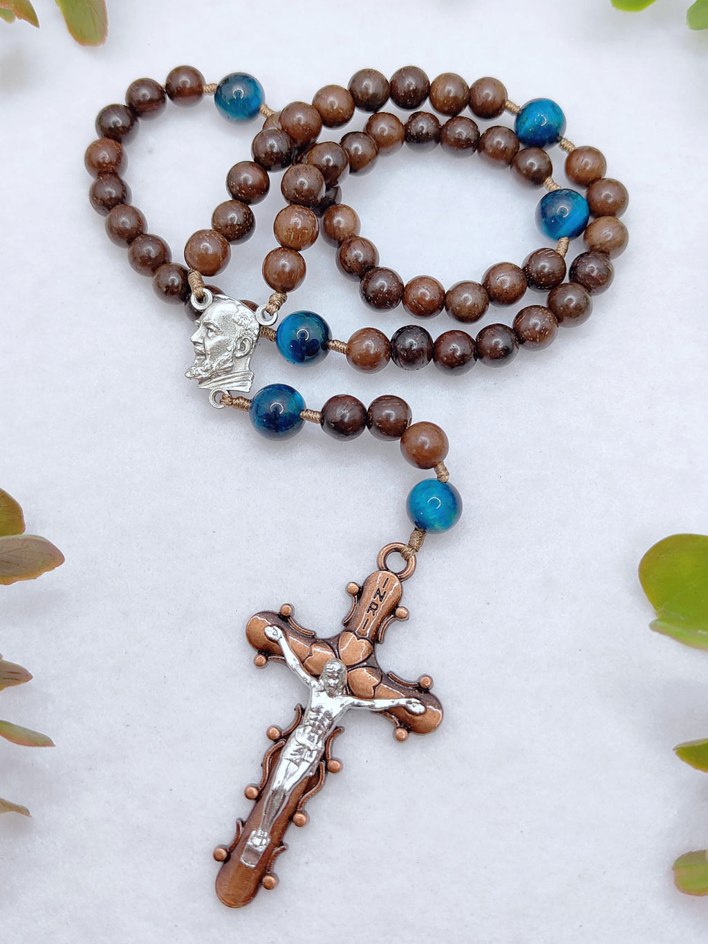 St Padre Pio Brown Ebony Wood & Tiger Eye Rosary