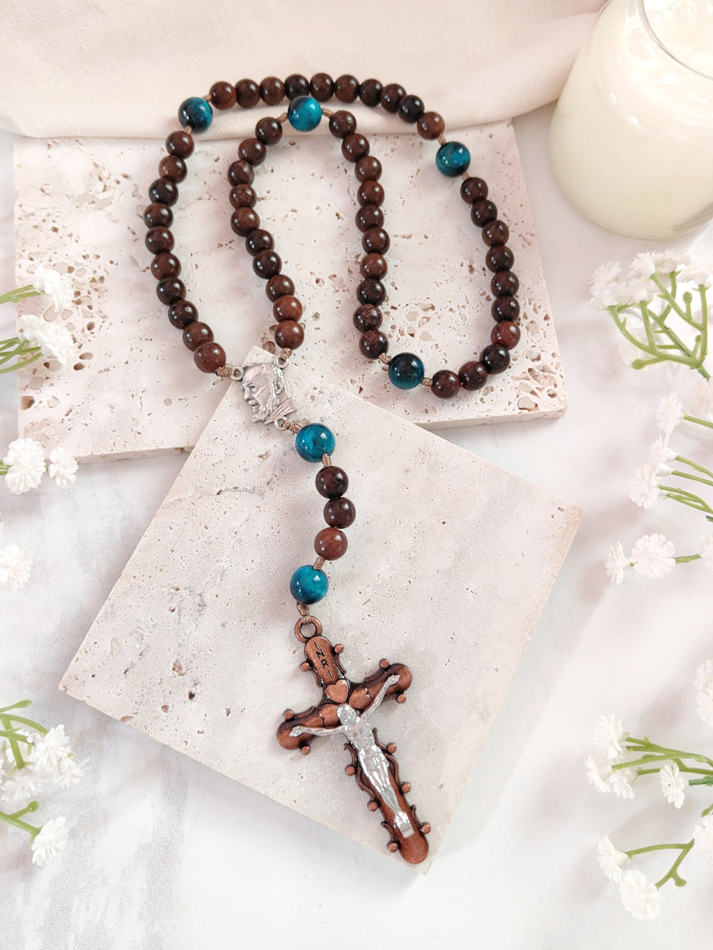 St Padre Pio Brown Ebony Wood & Tiger Eye Rosary
