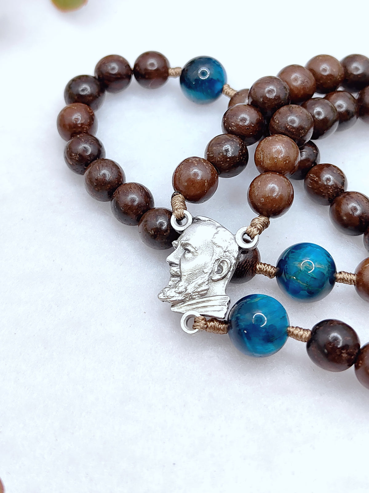 St Padre Pio Brown Ebony Wood & Tiger Eye Rosary