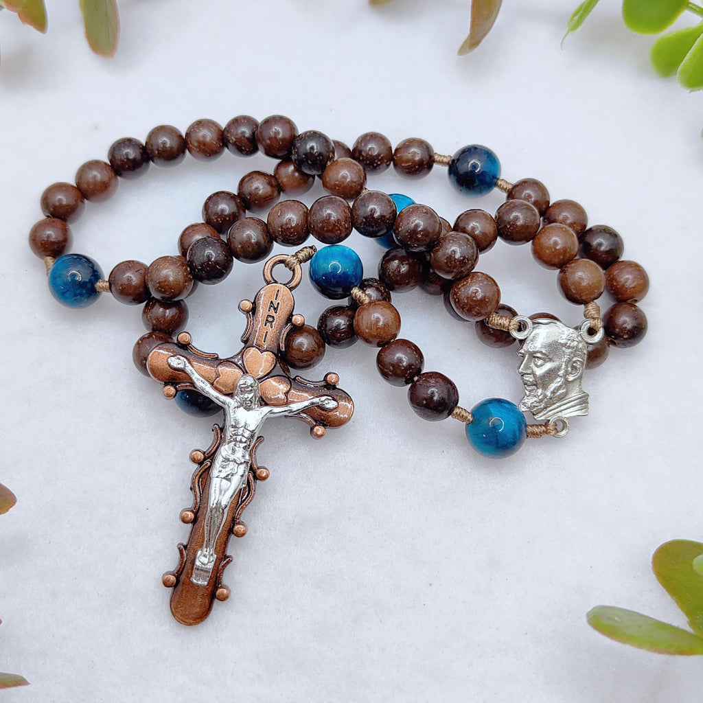 St Padre Pio Brown Ebony Wood & Tiger Eye Rosary